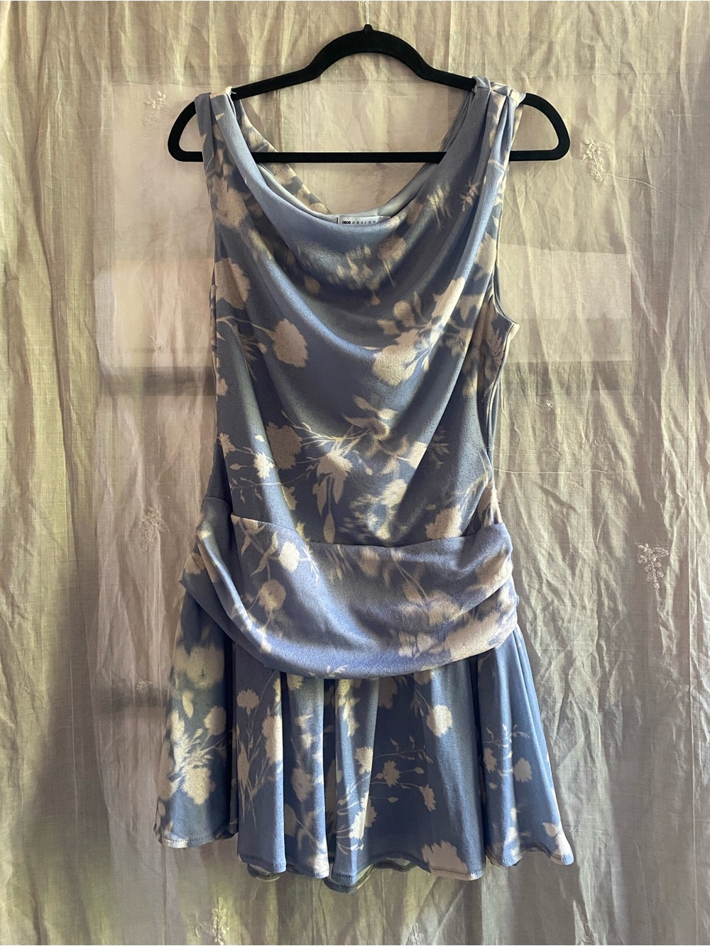 ASOS DESIGN Blue Floral Cowl Neck Draped Ruffle Mini Dress UK 14